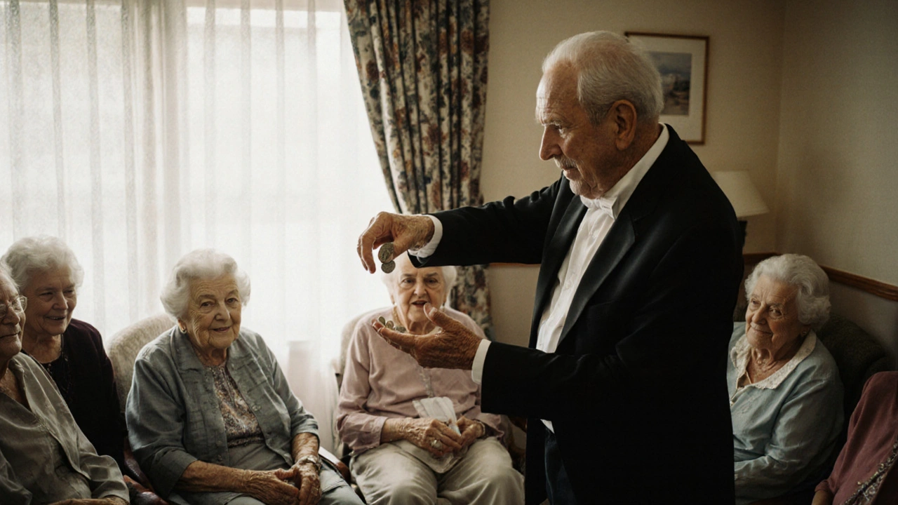 An elderly magician performing a coin trick for seniors in a quiet room.