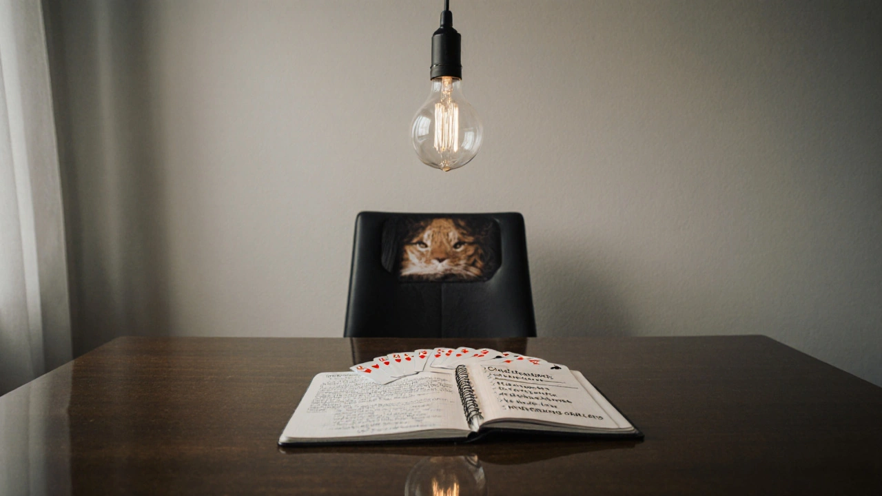 An empty table with cards and psychological notes, reflecting unseen observer&#039;s eyes.