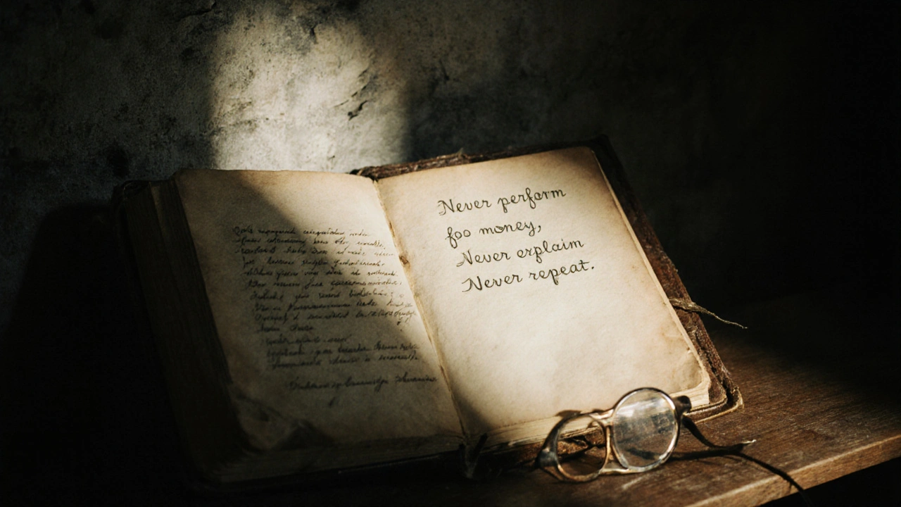 An old notebook with handwritten magic rules lies open in a shadowy basement, illuminated by moonlight.