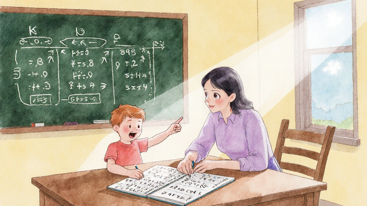 Child and adult at kitchen table, notebook with number patterns, chalkboard showing algebra behind the 1089 trick.
