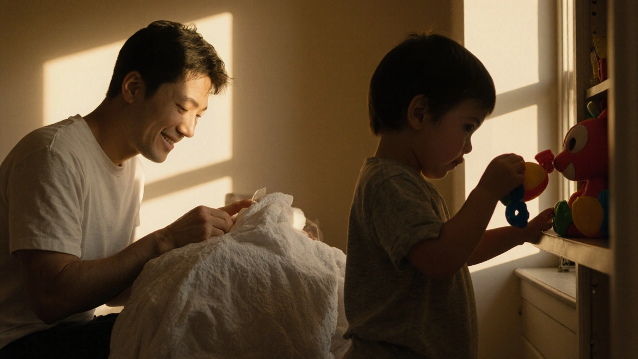 Child quietly puts away a toy while parent folds laundry in peaceful home light.