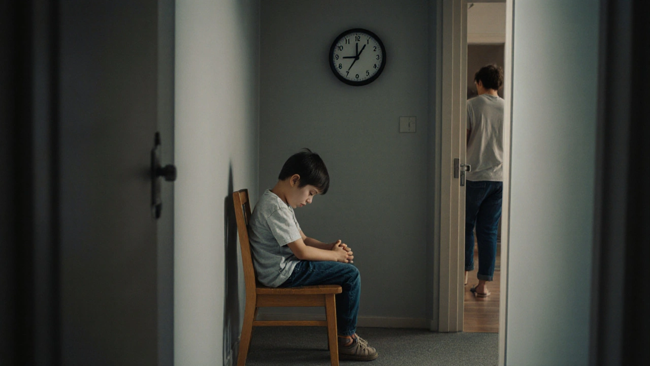 Child sitting alone in time-out on a plain chair in a quiet hallway.