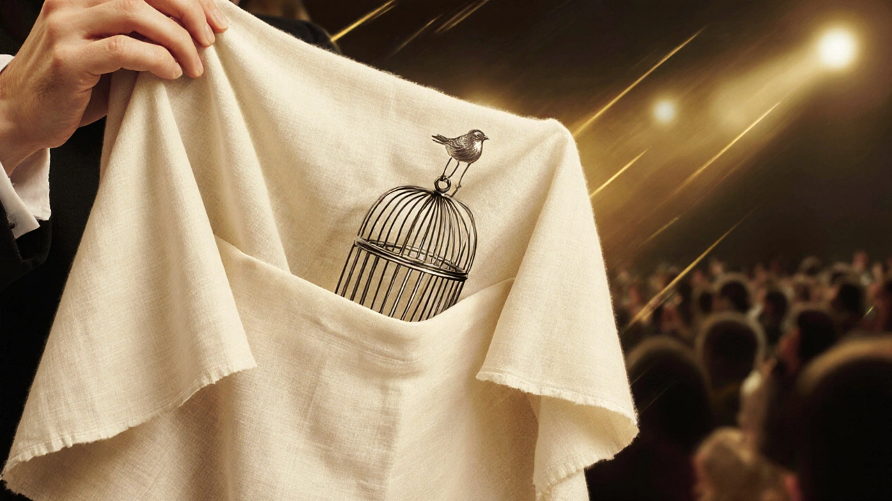 Close-up of a folded cloth hiding a birdcage, with subtle fabric details.