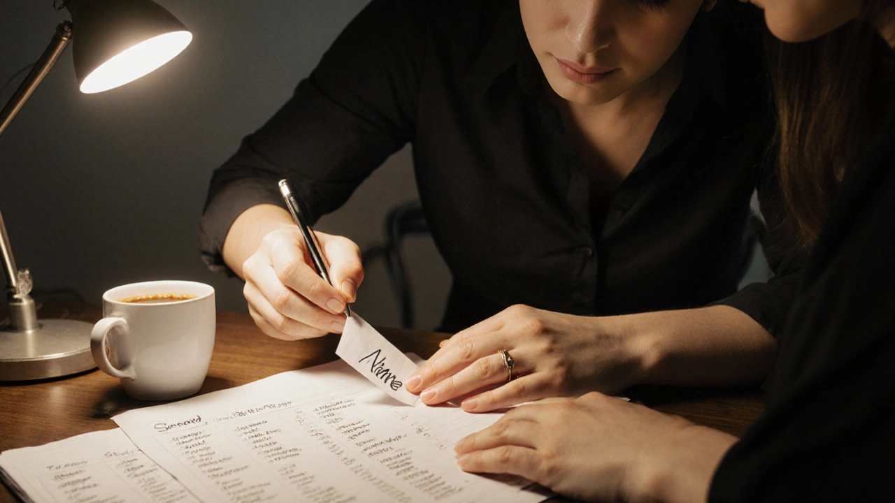 Close-up of a mentalist observing a woman writing a name, with common names visible on the table.