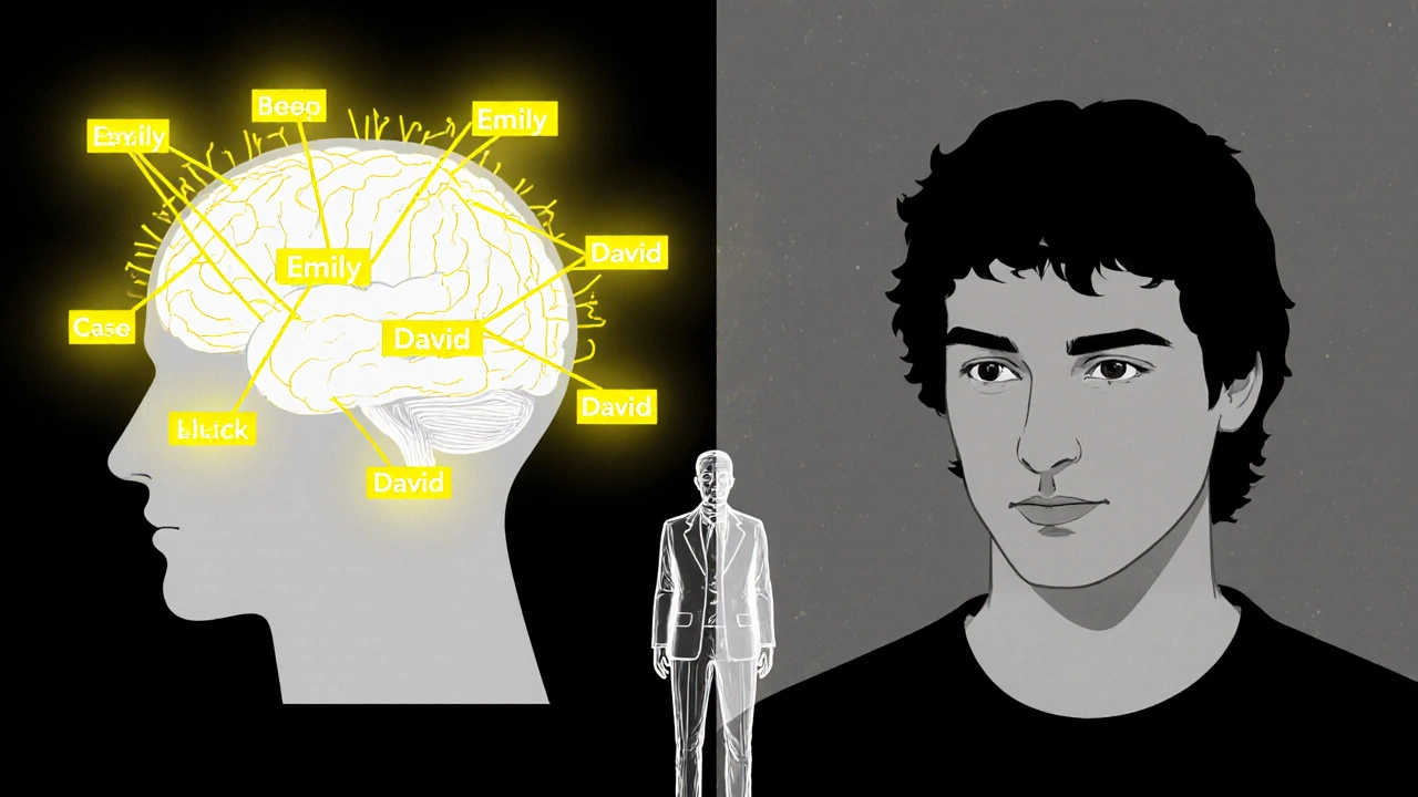 Conceptual brain and face showing name associations and microexpressions during a mentalism trick.