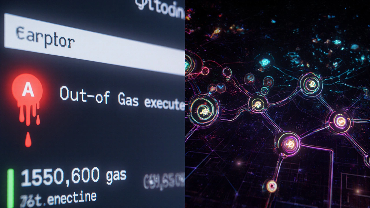 Failed transaction with red error versus successful one with glowing network nodes.