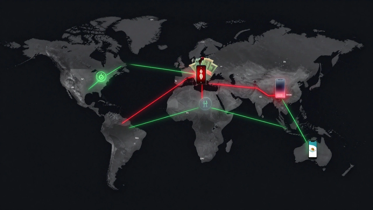 Global map with red slow bank transfers and green instant DeFi payments connecting countries.