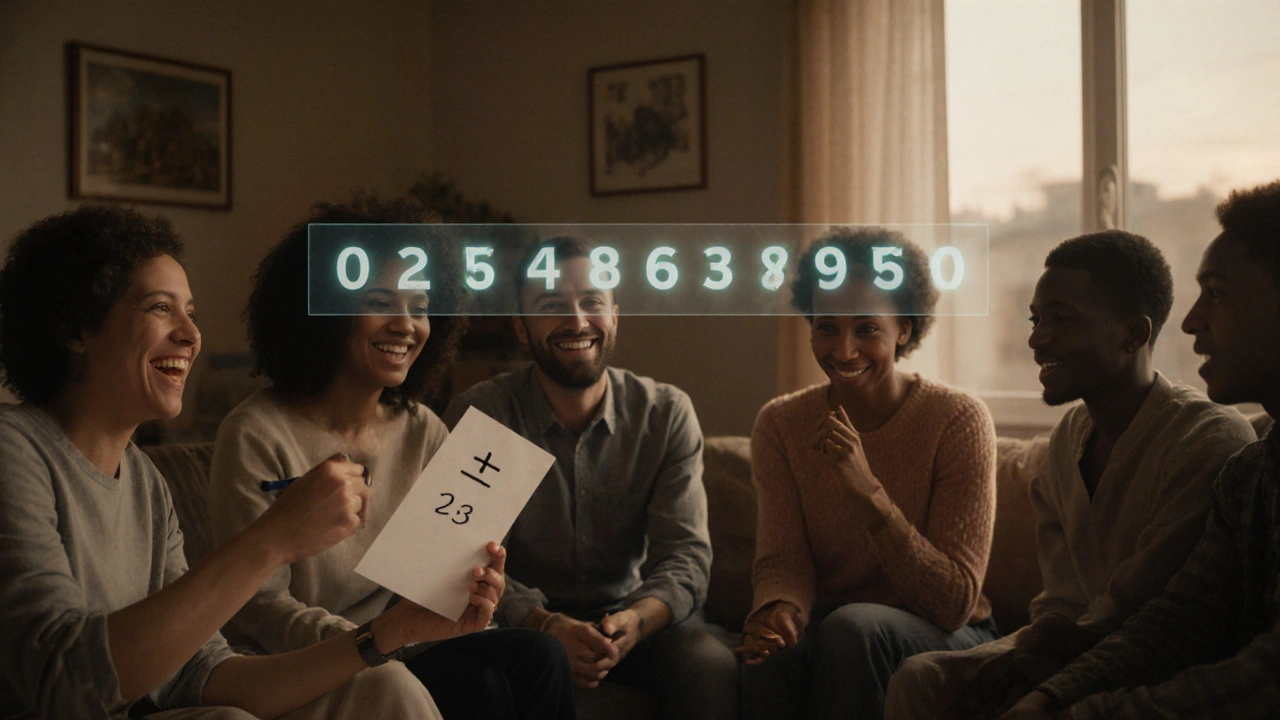 Group of people in a living room reacting with surprise as floating numbers reveal a math trick&#039;s secret steps.