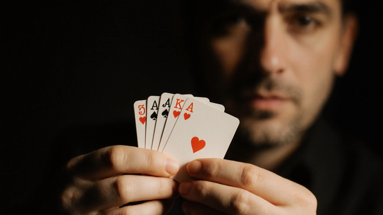 Hands holding a deck of cards with a subtle facial expression visible in the background.
