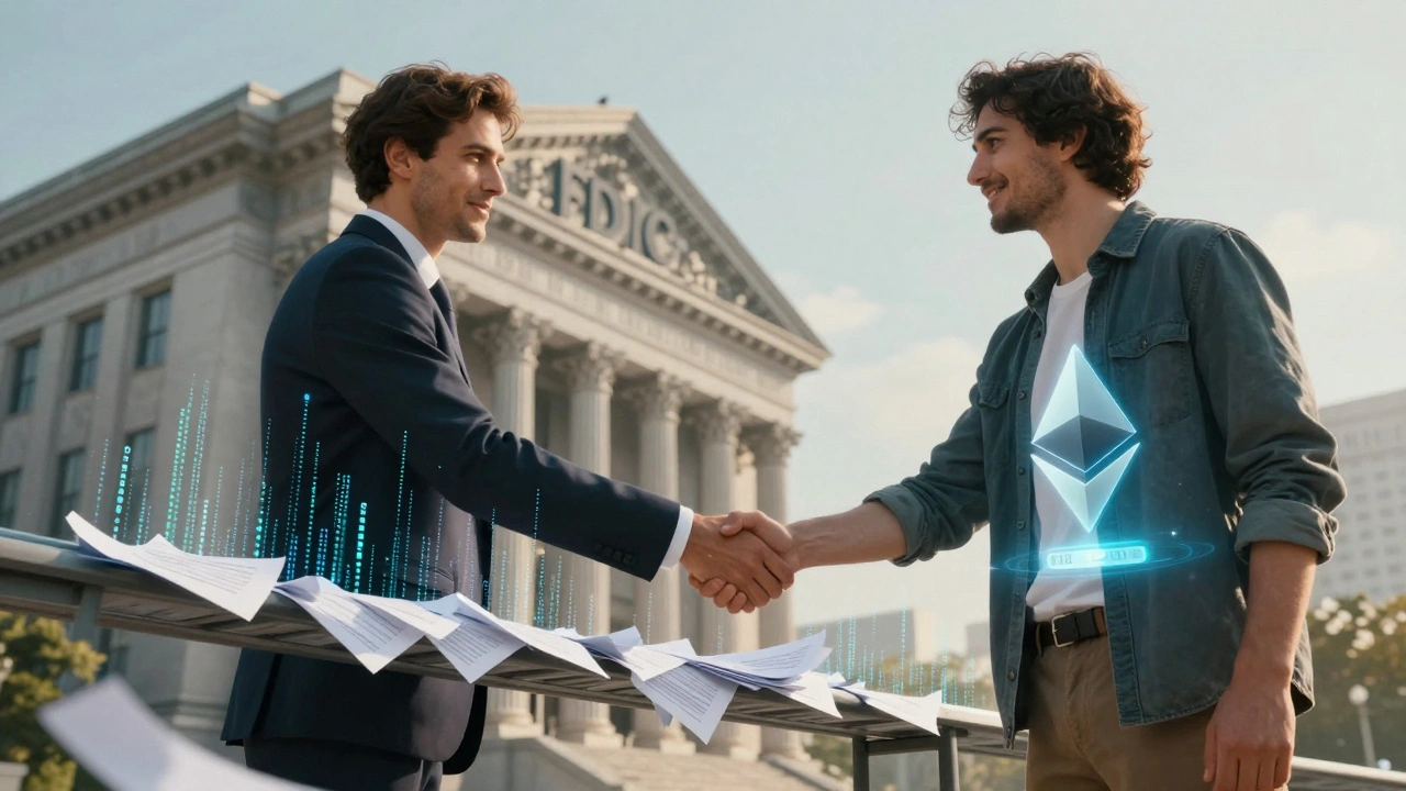 Handshake between banker and tech user over a bridge of paper documents turning into digital code.