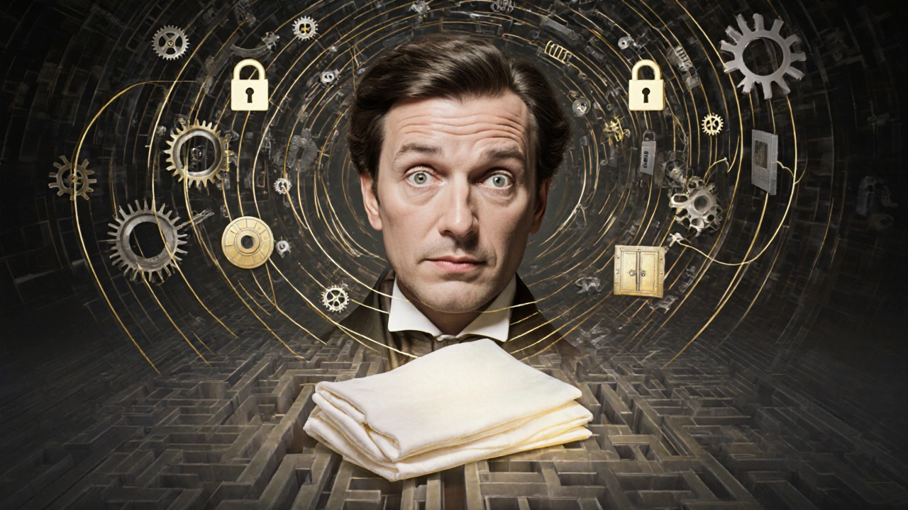 Human mind puzzle with complex symbols and a simple cloth glowing in foreground.