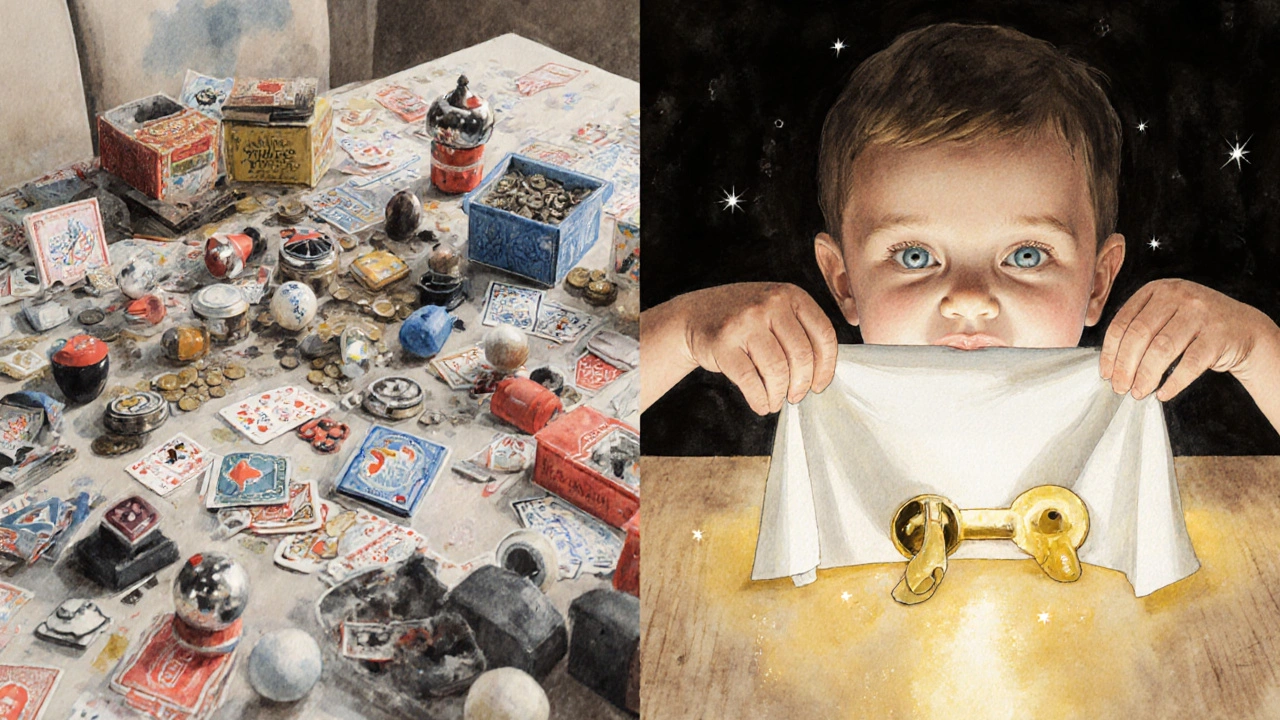 Magic kits on a table versus a child laughing as a toy vanishes under a napkin.