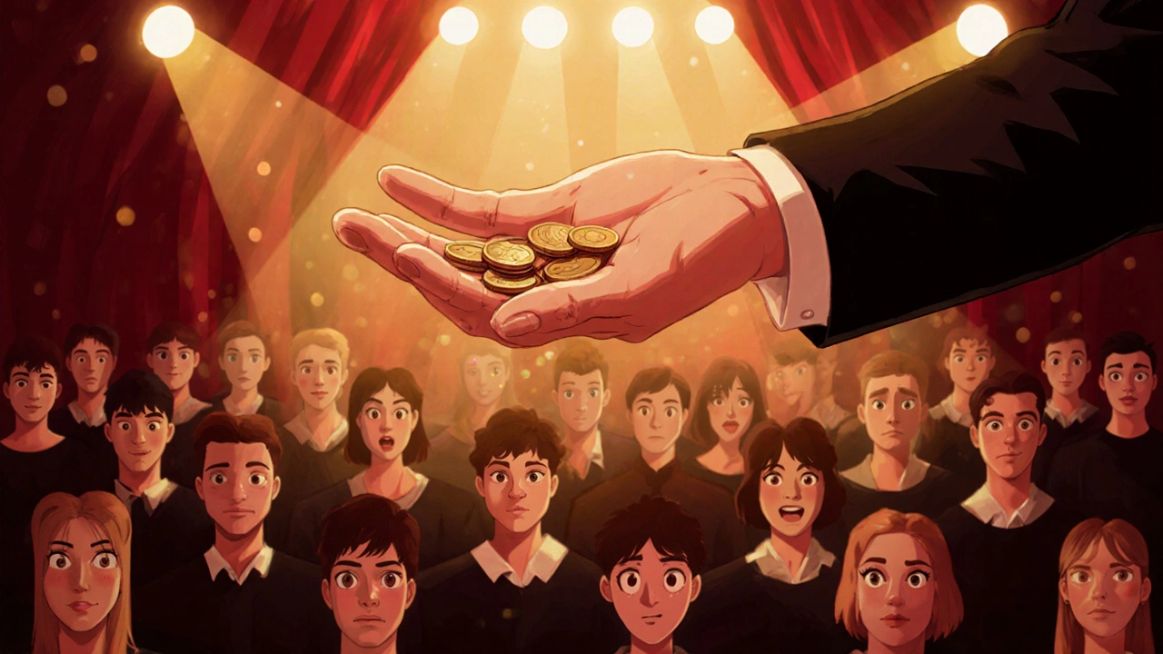 Magician&#039;s hand palming a coin as audience watches in awe under stage lights.