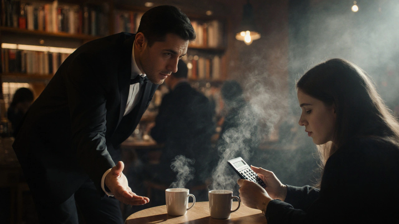 Magician and customer in coffee shop, calculator displays 1089 after math trick.