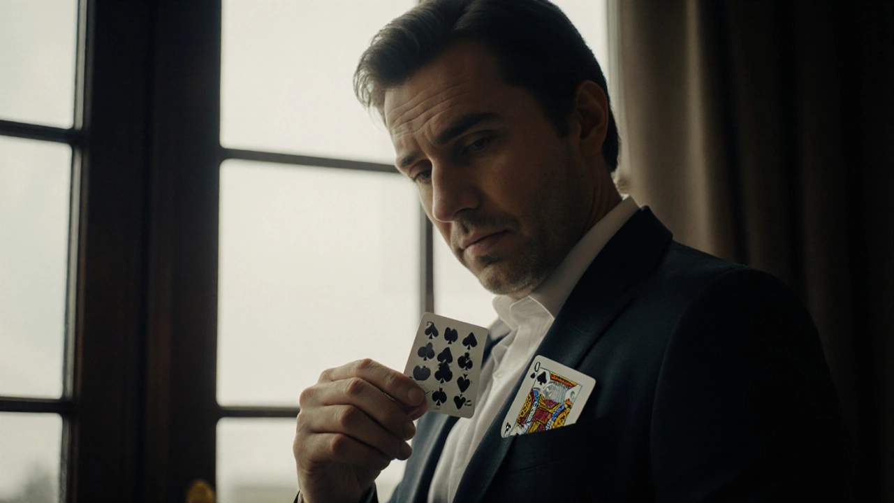 Magician pulling a card from pocket as it vanishes, natural lighting, calm expression.