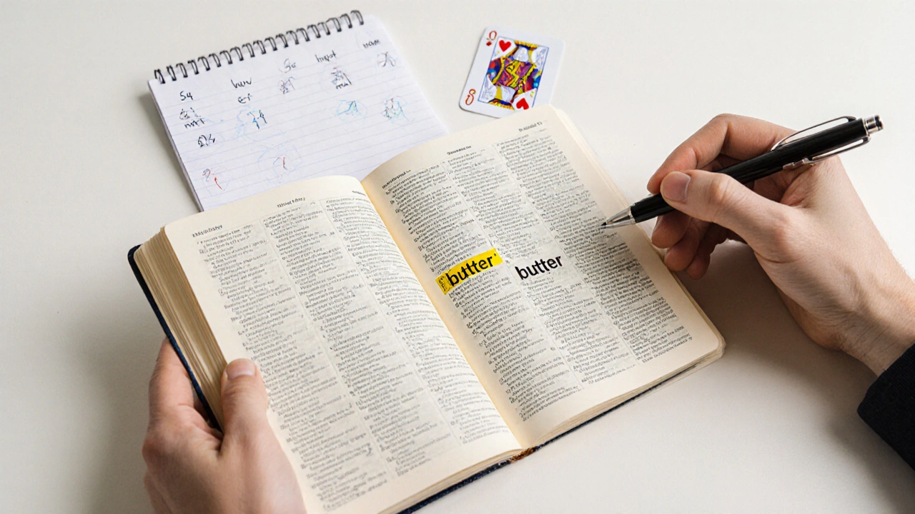 Open dictionary on page 117 with word &#039;butter&#039; visible, beside memory system notes.