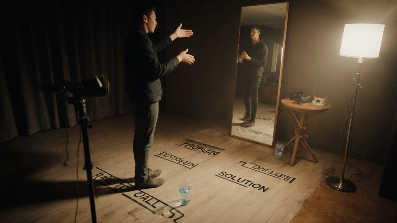 Person practicing speech with marked floor positions and recording equipment nearby.