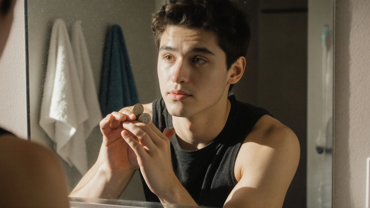 Someone practicing a coin vanish in front of a mirror, focused and determined.