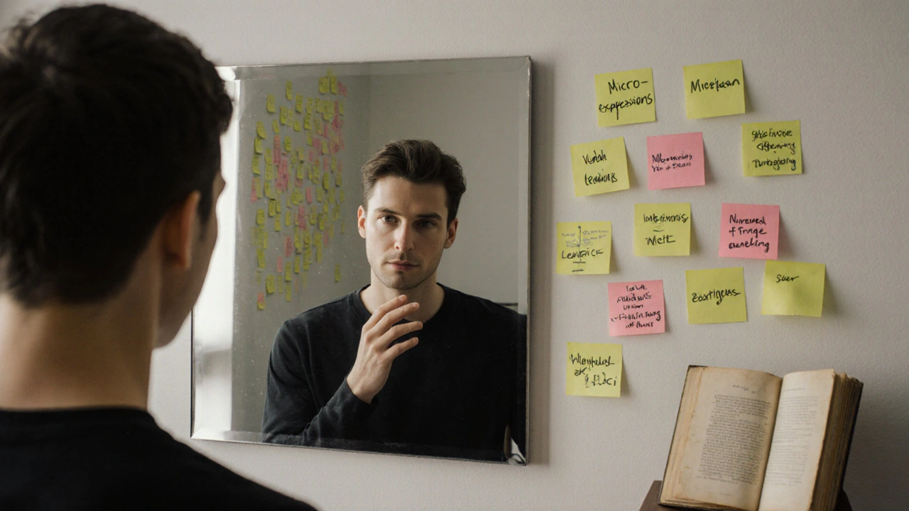 Someone practicing mentalism techniques in front of a mirror, surrounded by study notes.