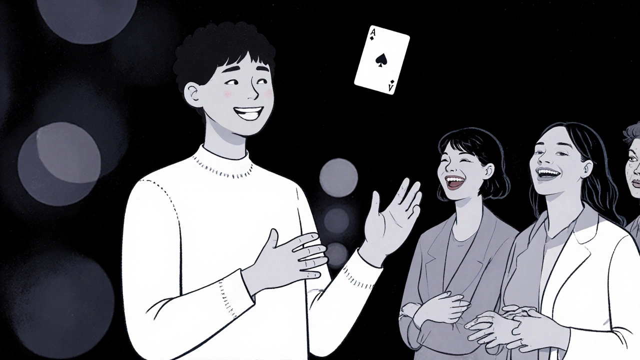 Speaker smiling after a stumble, audience laughing, subtle floating card in background.