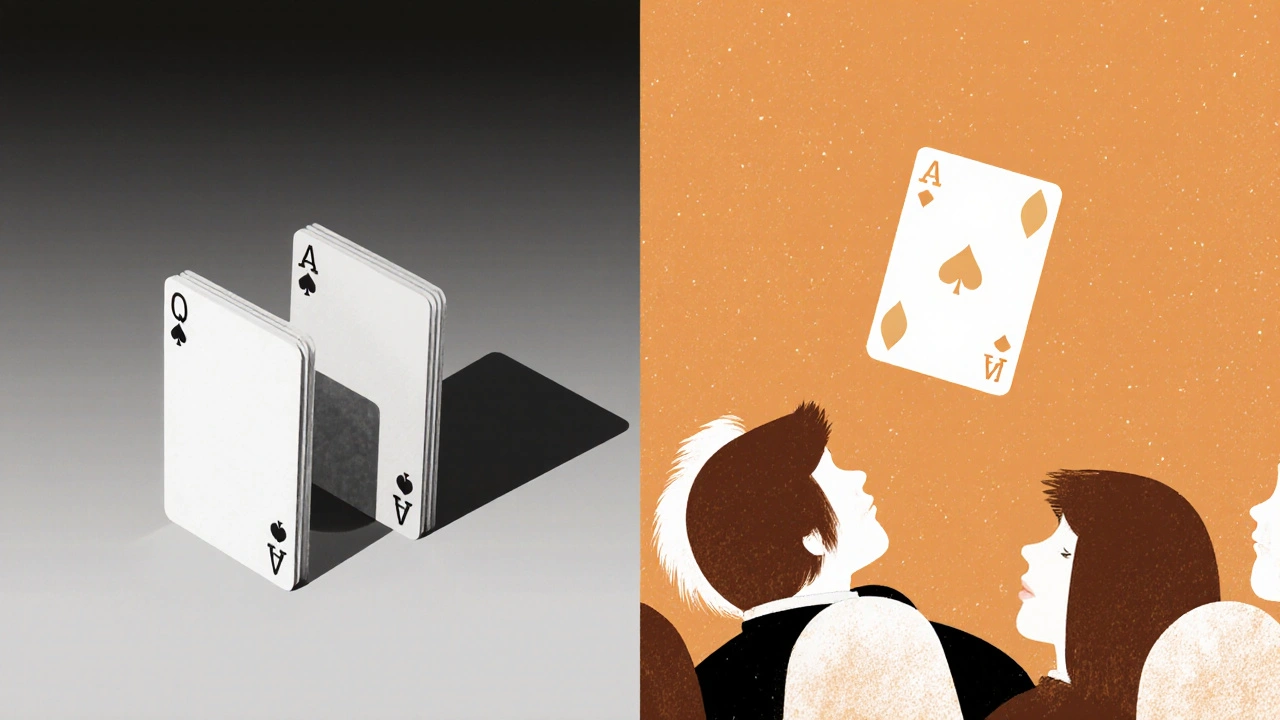 Split image: slow-motion card move vs audience&#039;s view of single rising card.