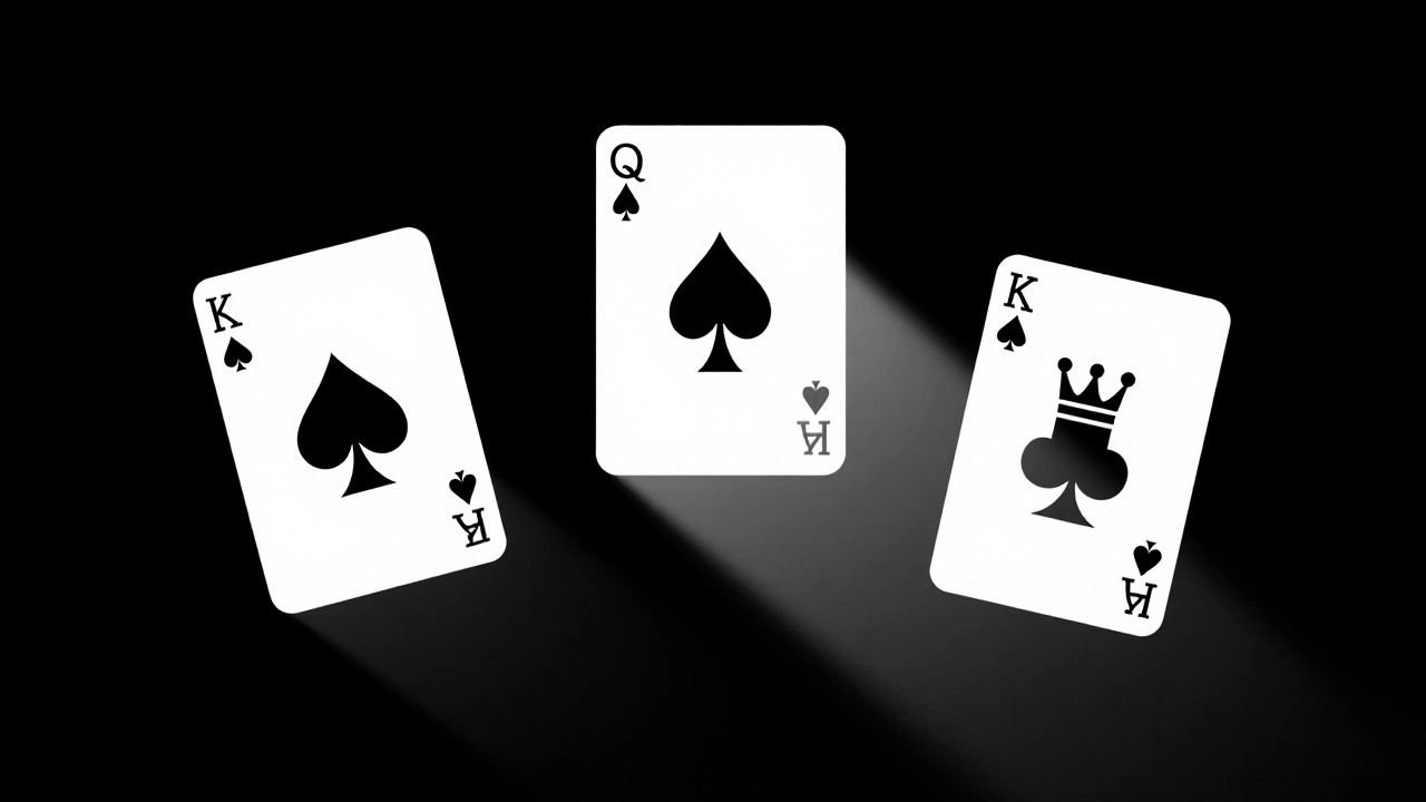 Three face cards floating in darkness, with the Jack softly lit as the central focus among fading royalty.