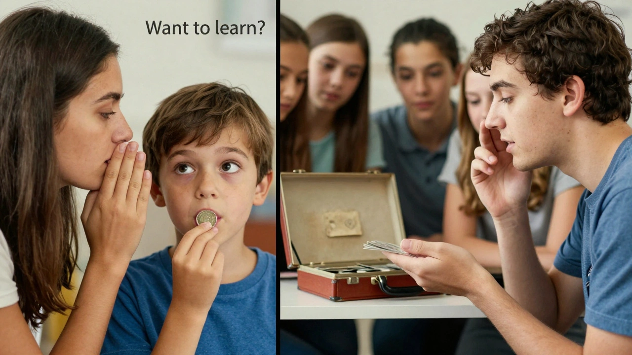 A child looking up in wonder as an adult offers to teach them magic, with a faded trick kit in the background.