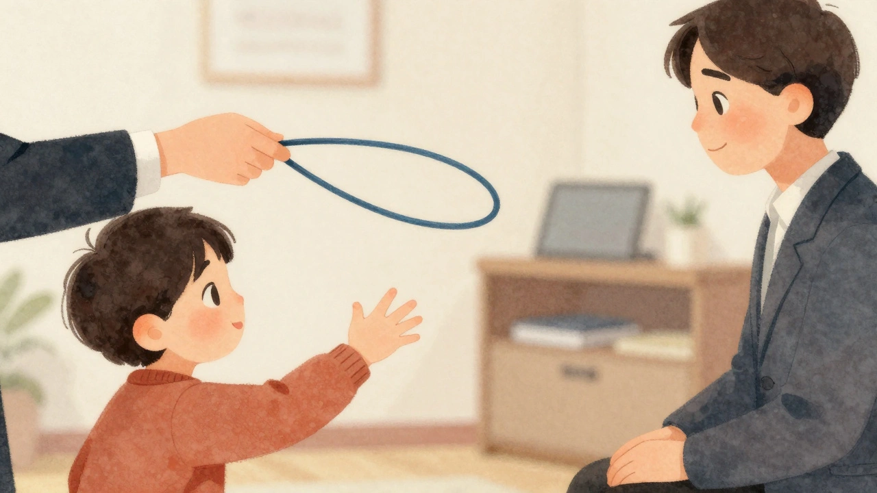 A child reaching toward a rubber band trick in a calm therapy room, expressing curiosity instead of anxiety.