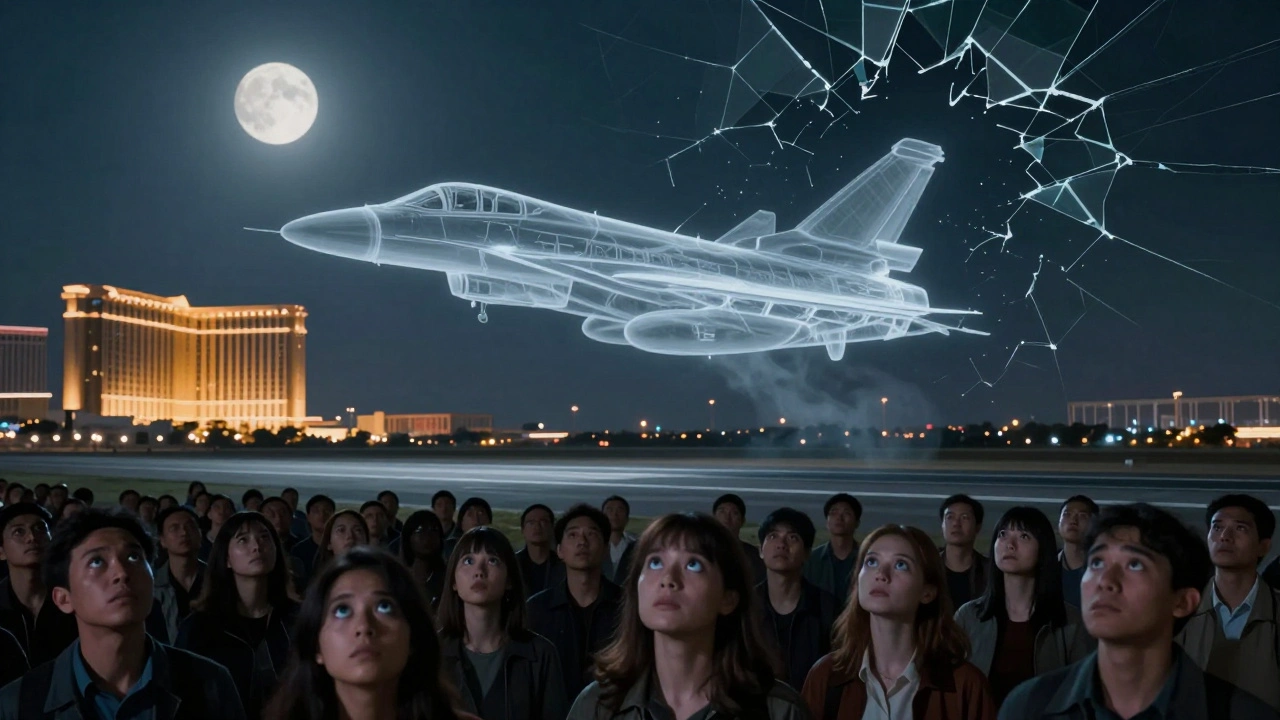 A ghostly jet outline above an empty runway as people stare in shock under moonlight.