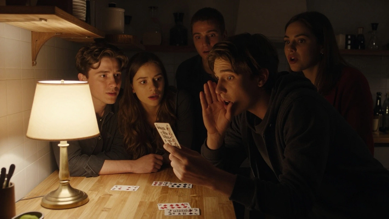 A group of people leaning in, captivated as someone performs a simple card trick in a warm kitchen.