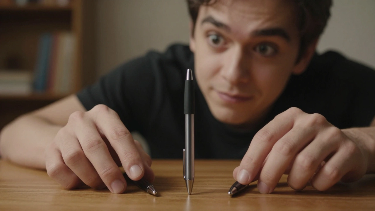A hand hovering above three pens on a table, the person glancing at the performer who subtly guides their choice with eye contact.