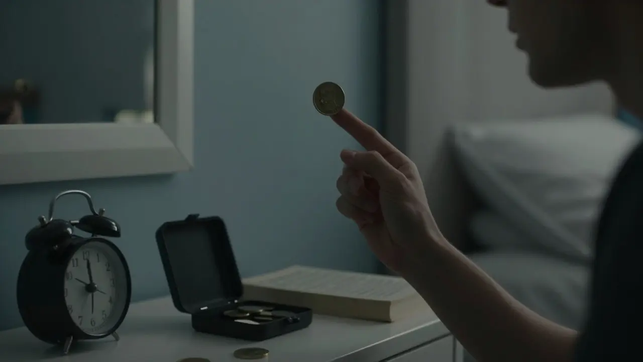 A hand practicing a coin trick in front of a bedroom mirror before bedtime.