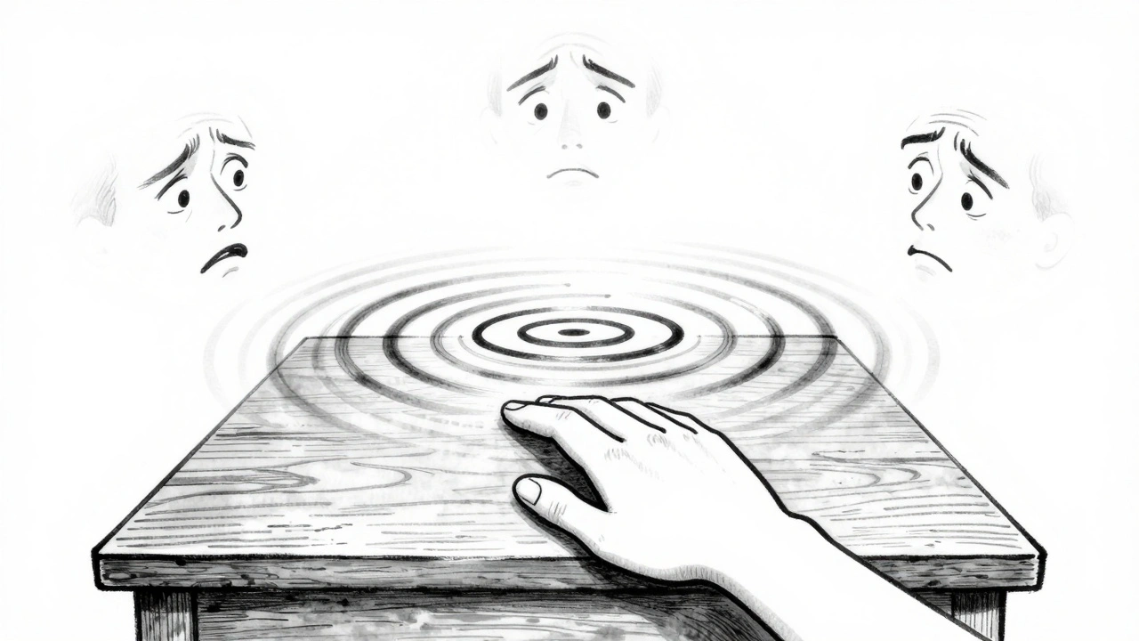 A hand tapping three times on a table, with ripples of silence radiating outward.