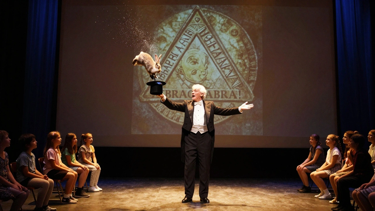 A magician declares &#039;abracadabra&#039; on stage as a rabbit vanishes, children watching in awe.