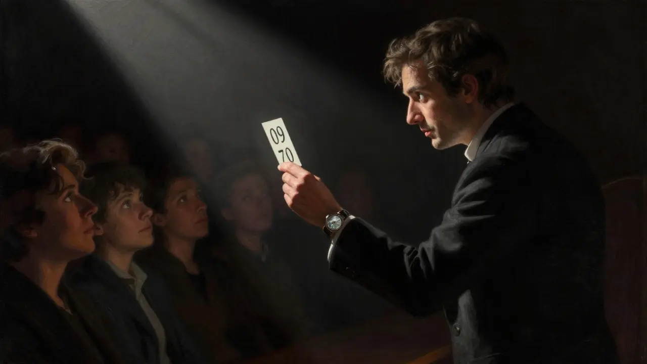 A mentalist's wristwatch reflects a hidden number from a spectator's folded card.