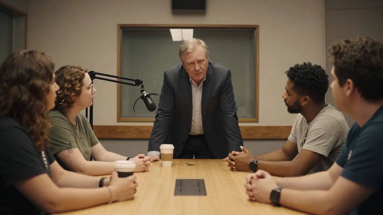 A mentalist listens intently to unsuspecting listeners in a quiet radio studio, surrounded by ordinary objects.