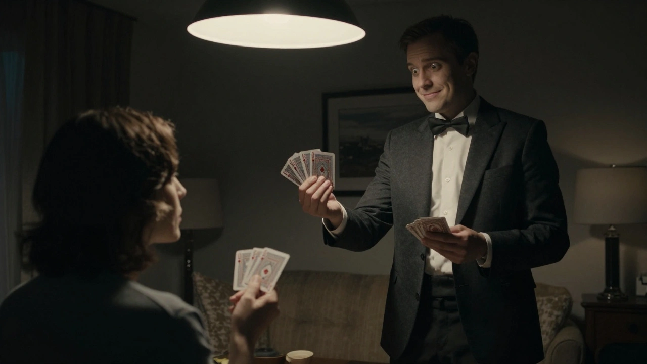 A mentalist making eye contact with a spectator while holding three hidden playing cards.