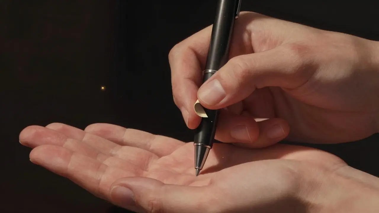 A pen seemingly piercing through a palm, hidden paper tube creating the illusion.