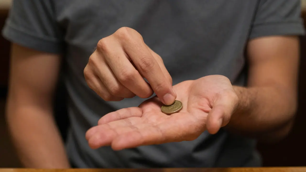 A person's hand concealing a coin in the palm while appearing empty.