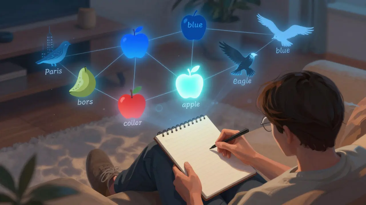 A person above a notepad with translucent common choices glowing while others fade in a living room setting.