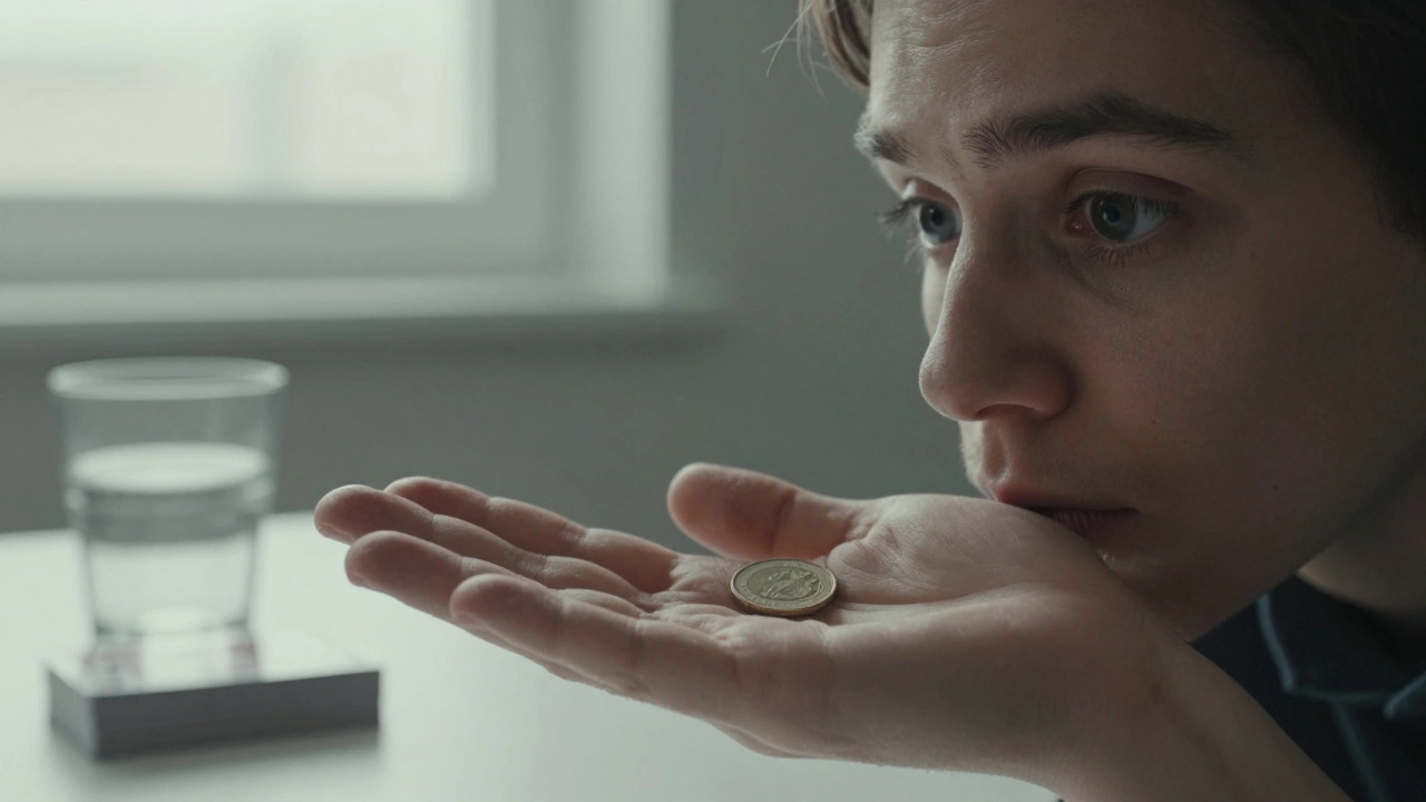 A person staring in awe at a coin on their palm, expression filled with wonder.