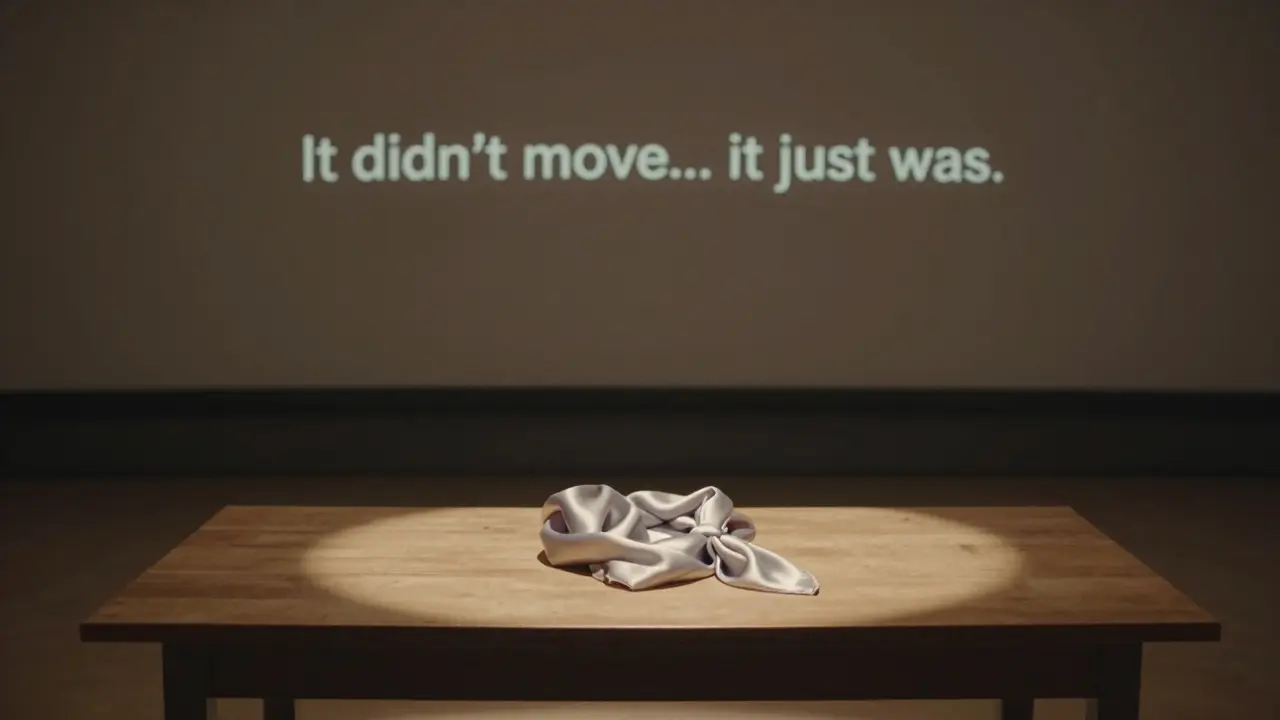 A single silk scarf on a table under a lone spotlight, empty stage at twilight.