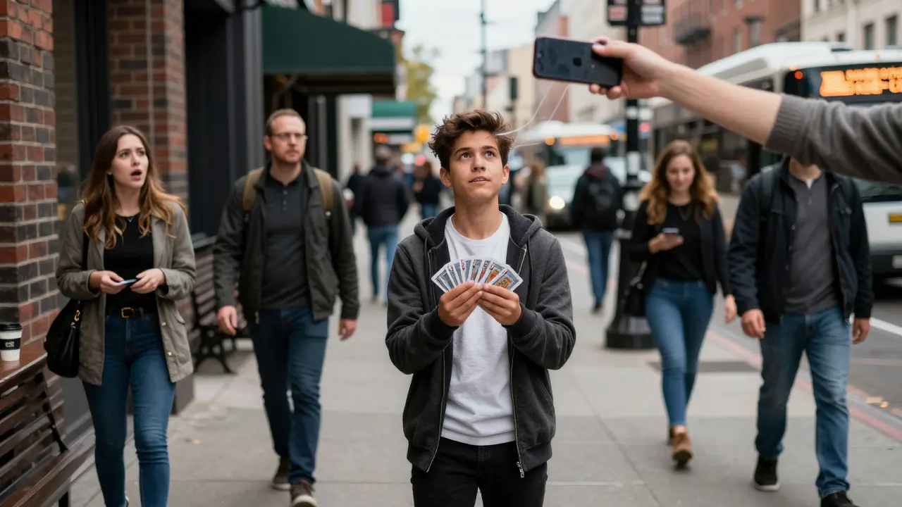A street performer makes a stranger’s phone float mid-air on a busy sidewalk, drawing one woman’s stunned gaze.