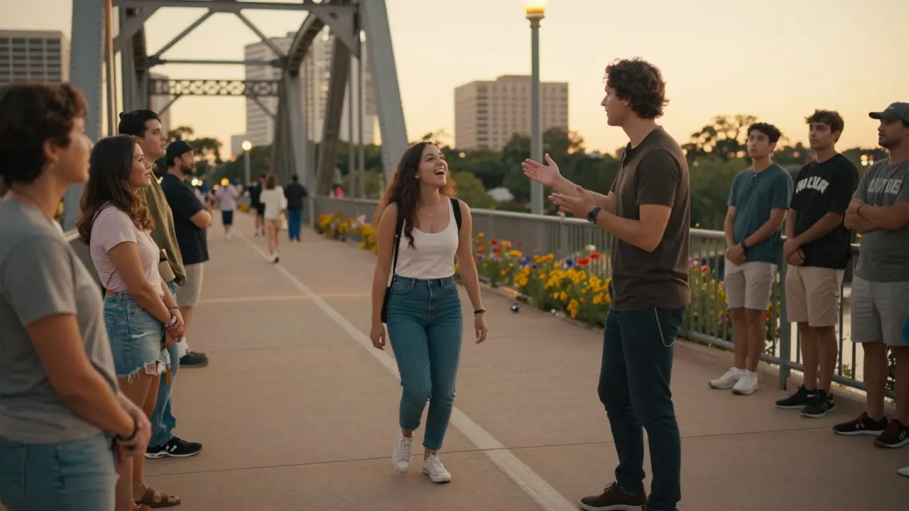 A street performer surprises a passerby on a sunlit Texas bridge, with a small crowd watching in awe.