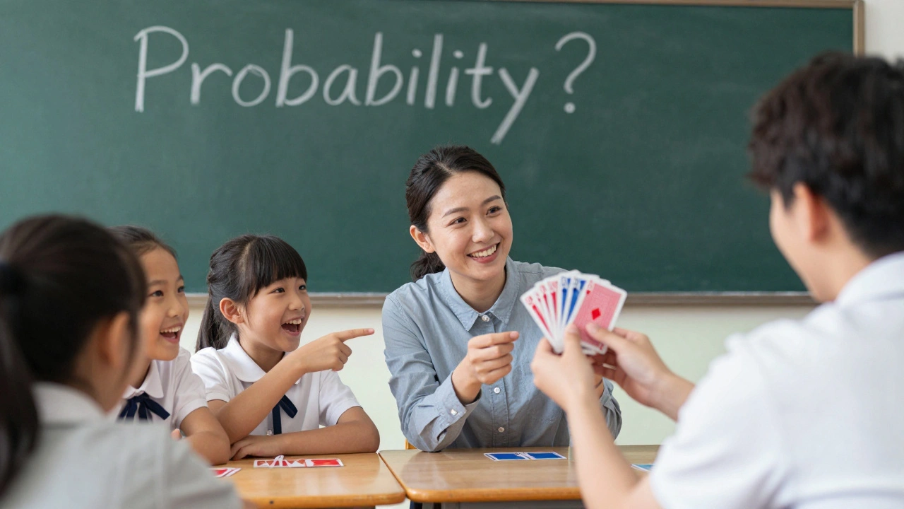 A teacher performing a card trick to engaged students in a classroom with a chalkboard in the background.