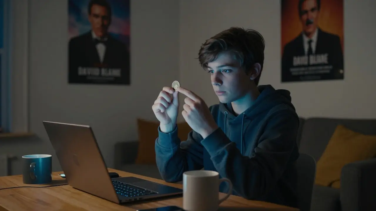 A teen watches a coin vanish in a cozy room with laptop and coffee mug nearby.