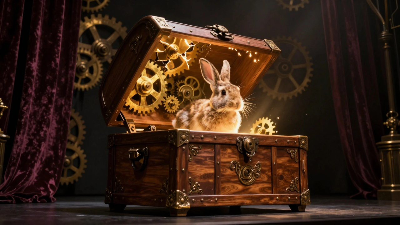 A wooden magic box opening to reveal a rabbit emerging with glowing light.