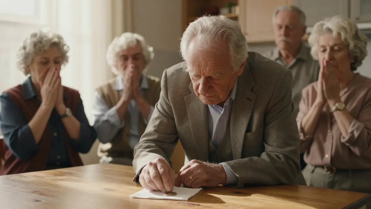 An elderly man performs a simple coin trick at a kitchen table for a group of silent, captivated seniors.