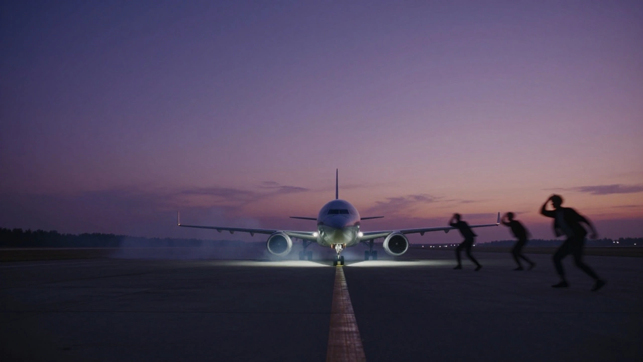 An empty runway at dusk with smoke and stunned onlookers, where a plane once stood.