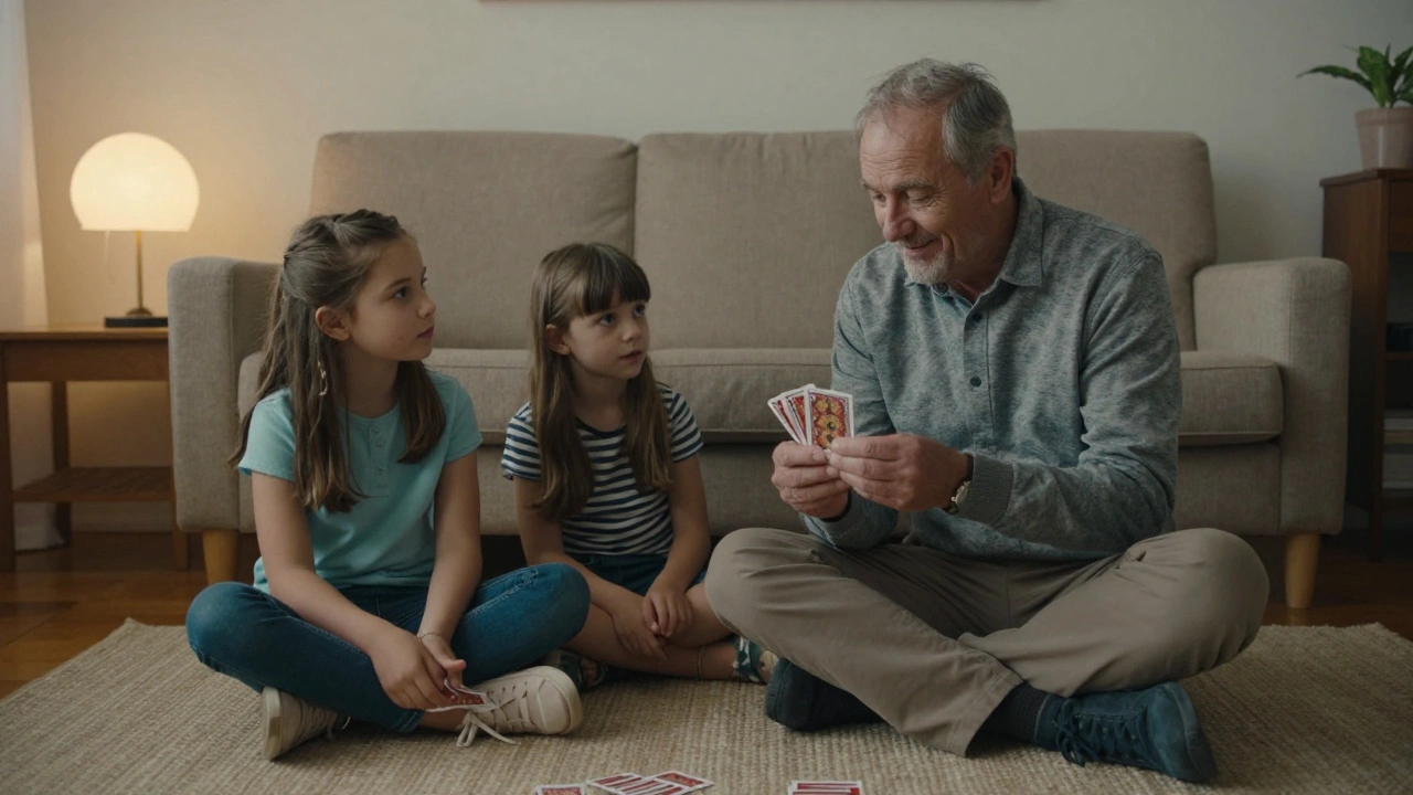 An older man showing a card trick to two children in a cozy living room.